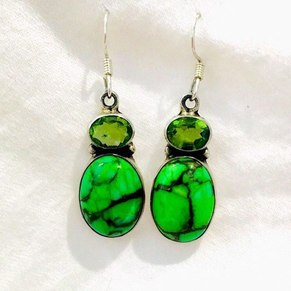 Mohave Lime Green Copper Infused Turquoise Peridot Sterling Silver Drop Earrings - Picture 3 of 16